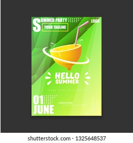 Vector Hello Summer Beach Party vertical A4 poster Design template or mock up with fresh lemon on green modern style gradient background. Hello summer concept label or flyer 