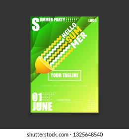 Vector Hello Summer Beach Party vertical A4 poster Design template or mock up with fresh lemon on green modern style gradient background. Hello summer concept label or flyer 