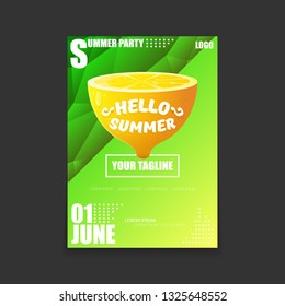 Vector Hello Summer Beach Party vertical A4 poster Design template or mock up with fresh lemon on green modern style gradient background. Hello summer concept label or flyer 