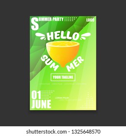 Vector Hello Summer Beach Party vertical A4 poster Design template or mock up with fresh lemon on green modern style gradient background. Hello summer concept label or flyer 
