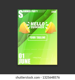 Vector Hello Summer Beach Party vertical A4 poster Design template or mock up with fresh lemon on green modern style gradient background. Hello summer concept label or flyer 