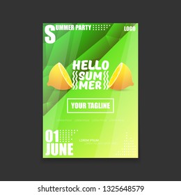 Vector Hello Summer Beach Party vertical A4 poster Design template or mock up with fresh lemon on green modern style gradient background. Hello summer concept label or flyer 