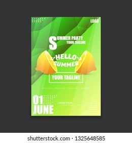 Vector Hello Summer Beach Party vertical A4 poster Design template or mock up with fresh lemon on green modern style gradient background. Hello summer concept label or flyer 