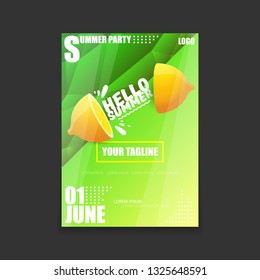Vector Hello Summer Beach Party vertical A4 poster Design template or mock up with fresh lemon on green modern style gradient background. Hello summer concept label or flyer 