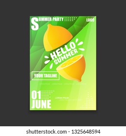 Vector Hello Summer Beach Party vertical A4 poster Design template or mock up with fresh lemon on green modern style gradient background. Hello summer concept label or flyer 