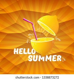 Vector Hello Summer Beach Party Flyer Design template with fresh lemon on orange background with rays of light. Hello summer concept label or poster with orange fruit and typographic text. 