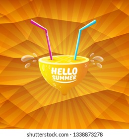 Vector Hello Summer Beach Party Flyer Design template with fresh lemon on orange background with rays of light. Hello summer concept label or poster with orange fruit and typographic text. 