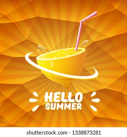Vector Hello Summer Beach Party Flyer Design template with fresh lemon on orange background with rays of light. Hello summer concept label or poster with orange fruit and typographic text. 