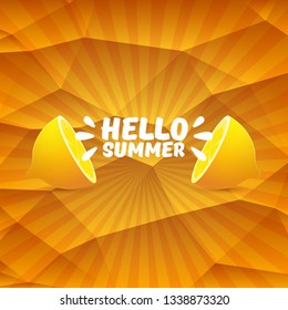 Vector Hello Summer Beach Party Flyer Design template with fresh lemon on orange background with rays of light. Hello summer concept label or poster with orange fruit and typographic text. 