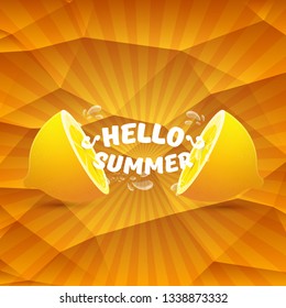 Vector Hello Summer Beach Party Flyer Design template with fresh lemon on orange background with rays of light. Hello summer concept label or poster with orange fruit and typographic text. 