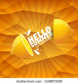 Vector Hello Summer Beach Party Flyer Design template with fresh lemon on orange background with rays of light. Hello summer concept label or poster with orange fruit and typographic text. 