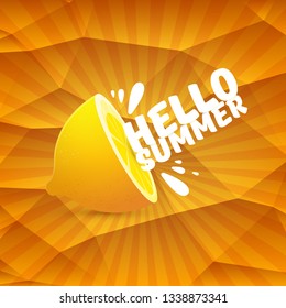 Vector Hello Summer Beach Party Flyer Design template with fresh lemon on orange background with rays of light. Hello summer concept label or poster with orange fruit and typographic text. 