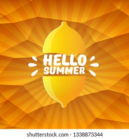 Vector Hello Summer Beach Party Flyer Design template with fresh lemon on orange background with rays of light. Hello summer concept label or poster with orange fruit and typographic text. 