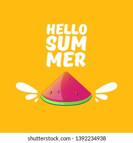 Vector Hello Summer Beach Party Flyer Design template with fresh watermelon slice isolated on orange background. Hello summer concept label or poster with fruit and typographic text