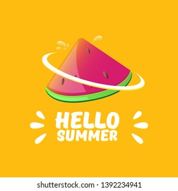 Vector Hello Summer Beach Party Flyer Design template with fresh watermelon slice isolated on orange background. Hello summer concept label or poster with fruit and typographic text
