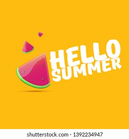 Vector Hello Summer Beach Party Flyer Design template with fresh watermelon slice isolated on orange background. Hello summer concept label or poster with fruit and typographic text