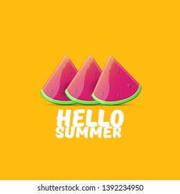 Vector Hello Summer Beach Party Flyer Design template with fresh watermelon slice isolated on orange background. Hello summer concept label or poster with fruit and typographic text
