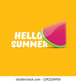 Vector Hello Summer Beach Party Flyer Design template with fresh watermelon slice isolated on orange background. Hello summer concept label or poster with fruit and typographic text