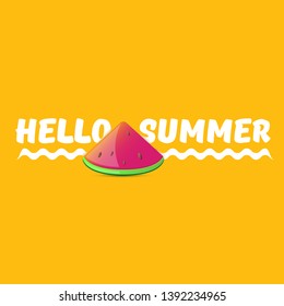 Vector Hello Summer Beach Party Flyer Design template with fresh watermelon slice isolated on orange background. Hello summer concept label or poster with fruit and typographic text
