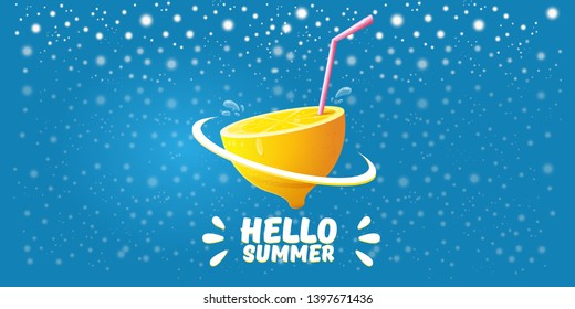 Vector Hello Summer Beach Party horizontal banner Design template with fresh lemon isolated on blue  background. Hello summer concept label or poster with orange fruit and typographic text.