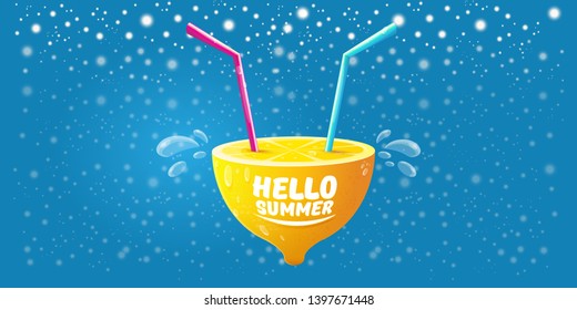 Vector Hello Summer Beach Party horizontal banner Design template with fresh lemon isolated on blue  background. Hello summer concept label or poster with orange fruit and typographic text.