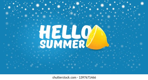 Vector Hello Summer Beach Party horizontal banner Design template with fresh lemon isolated on blue  background. Hello summer concept label or poster with orange fruit and typographic text.