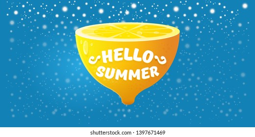 Vector Hello Summer Beach Party horizontal banner Design template with fresh lemon isolated on blue  background. Hello summer concept label or poster with orange fruit and typographic text.