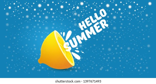 Vector Hello Summer Beach Party horizontal banner Design template with fresh lemon isolated on blue  background. Hello summer concept label or poster with orange fruit and typographic text.