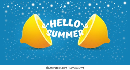 Vector Hello Summer Beach Party horizontal banner Design template with fresh lemon isolated on blue  background. Hello summer concept label or poster with orange fruit and typographic text.
