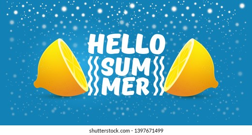 Vector Hello Summer Beach Party horizontal banner Design template with fresh lemon isolated on blue  background. Hello summer concept label or poster with orange fruit and typographic text.