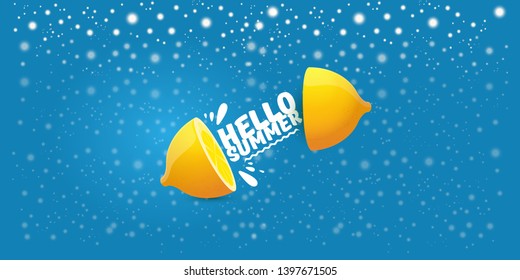Vector Hello Summer Beach Party horizontal banner Design template with fresh lemon isolated on blue  background. Hello summer concept label or poster with orange fruit and typographic text.