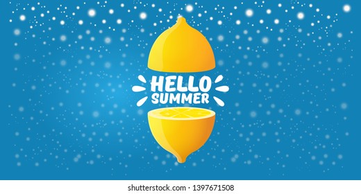 Vector Hello Summer Beach Party horizontal banner Design template with fresh lemon isolated on blue  background. Hello summer concept label or poster with orange fruit and typographic text.