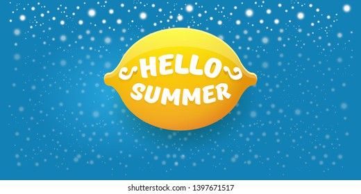 Vector Hello Summer Beach Party horizontal banner Design template with fresh lemon isolated on blue  background. Hello summer concept label or poster with orange fruit and typographic text.