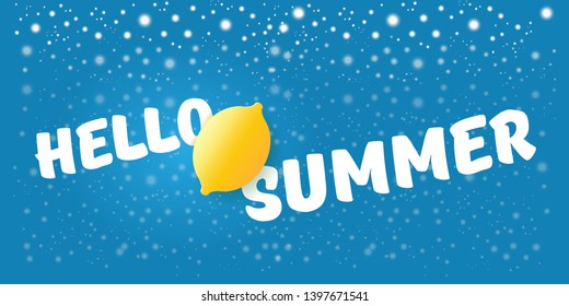 Vector Hello Summer Beach Party horizontal banner Design template with fresh lemon isolated on blue  background. Hello summer concept label or poster with orange fruit and typographic text.