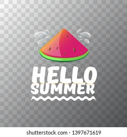 Vector Hello Summer Beach Party Flyer Design template with fresh watermelon slice isolated on transparent background. Hello summer concept label or poster with fruit and typographic text