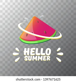 Vector Hello Summer Beach Party Flyer Design template with fresh watermelon slice isolated on transparent background. Hello summer concept label or poster with fruit and typographic text