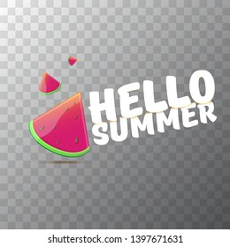 Vector Hello Summer Beach Party Flyer Design template with fresh watermelon slice isolated on transparent background. Hello summer concept label or poster with fruit and typographic text