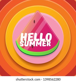 Vector Hello Summer Beach Party Flyer Design template with fresh watermelon slice isolated on abstract circle orange background. Hello summer concept label or poster with fruit and typographic text 