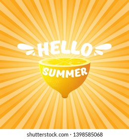 Vector Hello Summer Beach Party Flyer Design template with fresh lemon on orange sky with rays of light background. Hello summer concept label or poster with orange fruit and typographic text.