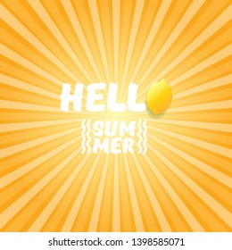 Vector Hello Summer Beach Party Flyer Design template with fresh lemon on orange sky with rays of light background. Hello summer concept label or poster with orange fruit and typographic text.