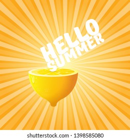 Vector Hello Summer Beach Party Flyer Design template with fresh lemon on orange sky with rays of light background. Hello summer concept label or poster with orange fruit and typographic text.