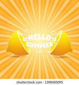 Vector Hello Summer Beach Party Flyer Design template with fresh lemon on orange sky with rays of light background. Hello summer concept label or poster with orange fruit and typographic text.