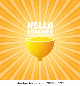 Vector Hello Summer Beach Party Flyer Design template with fresh lemon on orange sky with rays of light background. Hello summer concept label or poster with orange fruit and typographic text.