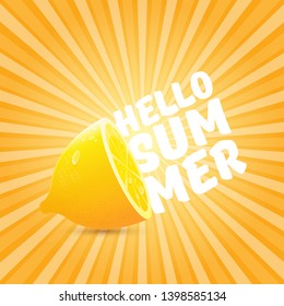 Vector Hello Summer Beach Party Flyer Design template with fresh lemon on orange sky with rays of light background. Hello summer concept label or poster with orange fruit and typographic text.