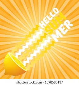 Vector Hello Summer Beach Party Flyer Design template with fresh lemon on orange sky with rays of light background. Hello summer concept label or poster with orange fruit and typographic text.