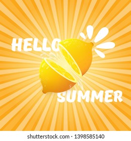 Vector Hello Summer Beach Party Flyer Design template with fresh lemon on orange sky with rays of light background. Hello summer concept label or poster with orange fruit and typographic text.