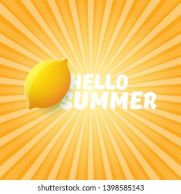 Vector Hello Summer Beach Party Flyer Design template with fresh lemon on orange sky with rays of light background. Hello summer concept label or poster with orange fruit and typographic text.