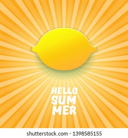 Vector Hello Summer Beach Party Flyer Design template with fresh lemon on orange sky with rays of light background. Hello summer concept label or poster with orange fruit and typographic text.