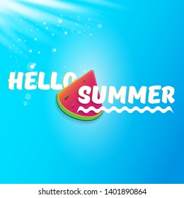 Vector Hello Summer Beach Party Flyer Design template with fresh watermelon slice isolated on blue sky background. Hello summer concept label or poster with fruit and typographic text 