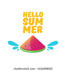 Vector Hello Summer Beach Party Flyer Design template with fresh watermelon slice isolated on white background. Hello summer concept label or poster with fruit and typographic text